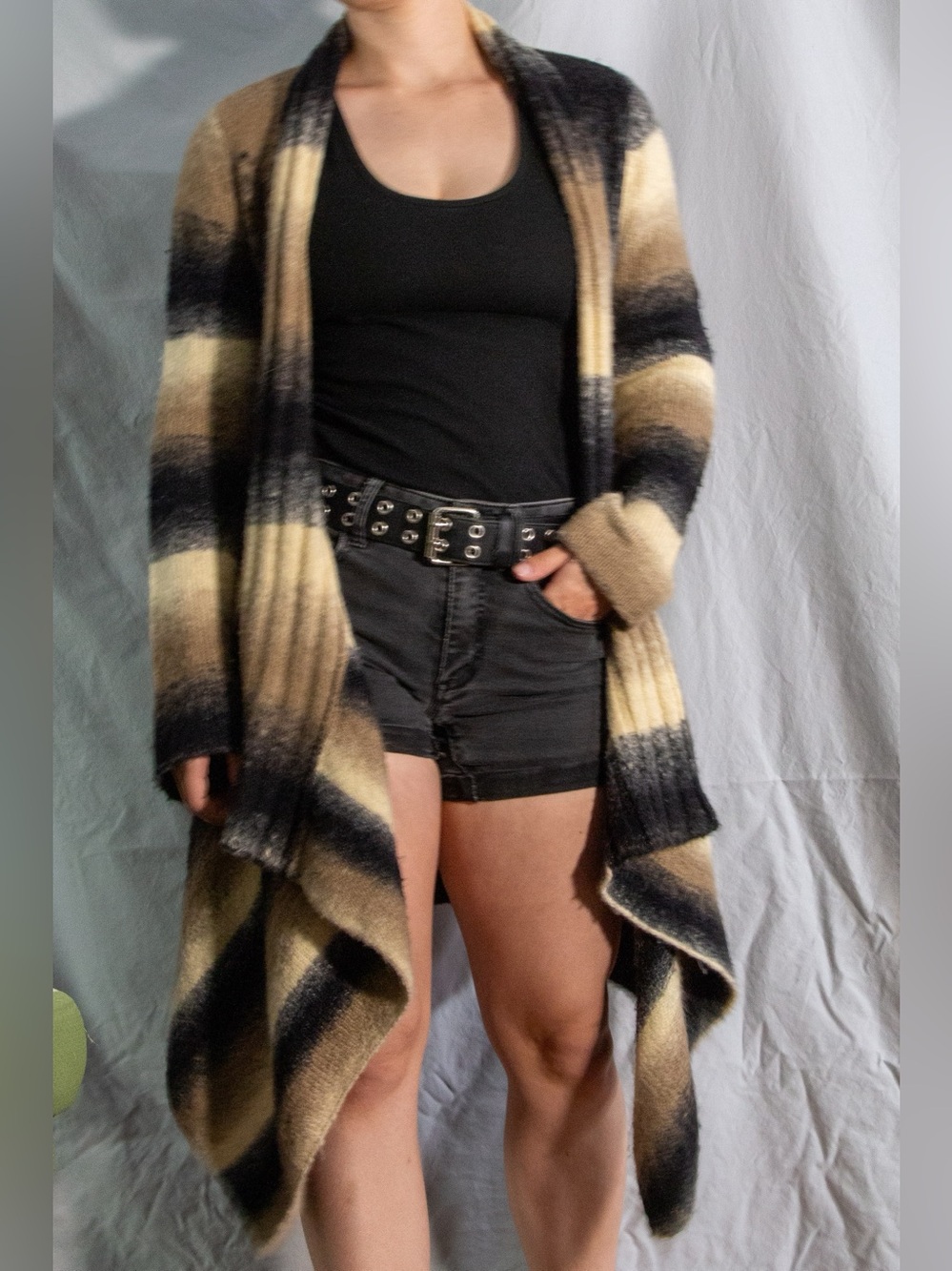 My Tribe Striped Open-Front Waterfall Cardigan - Black & Tan